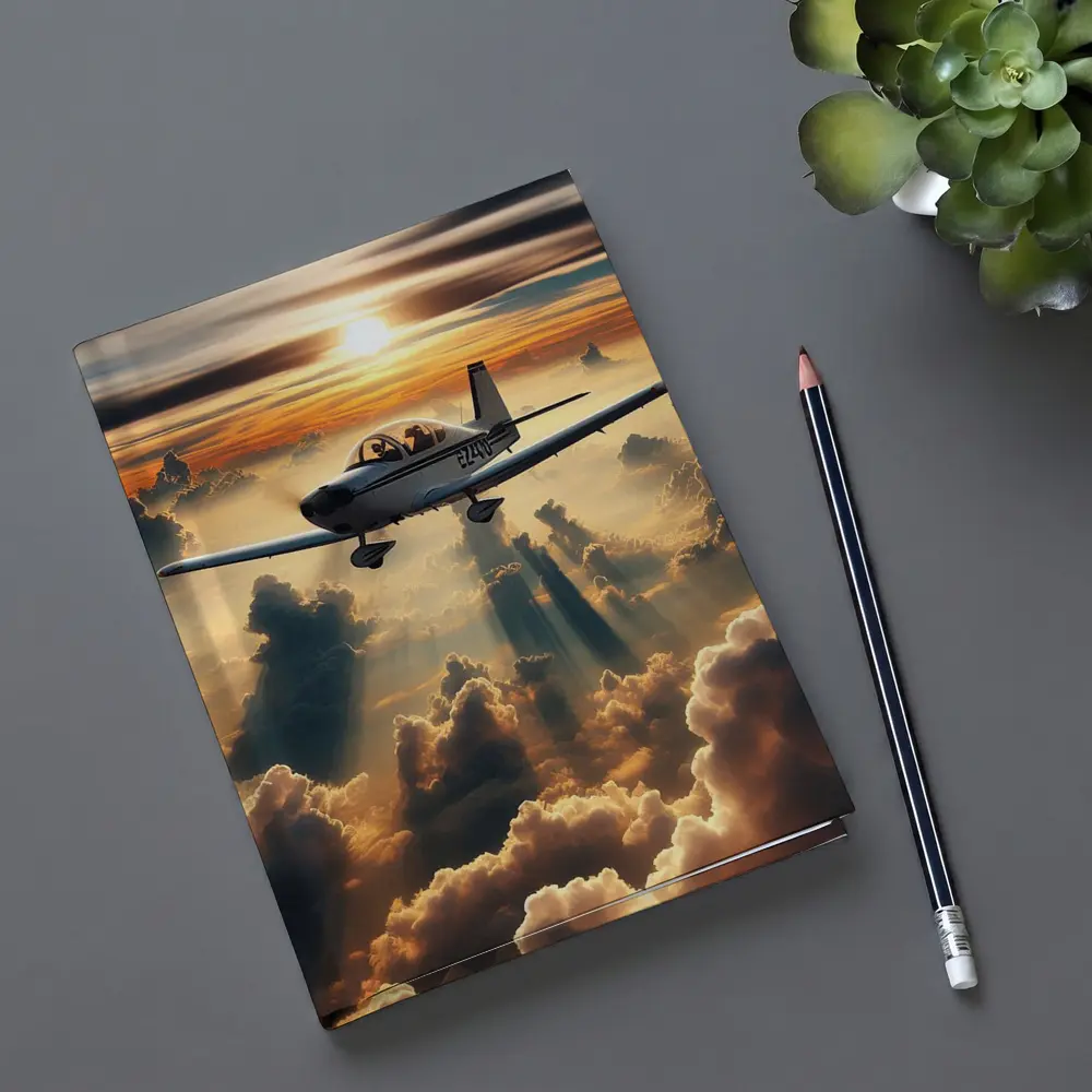 Small Airplane Flying Above Sunset Clouds – Notebooks