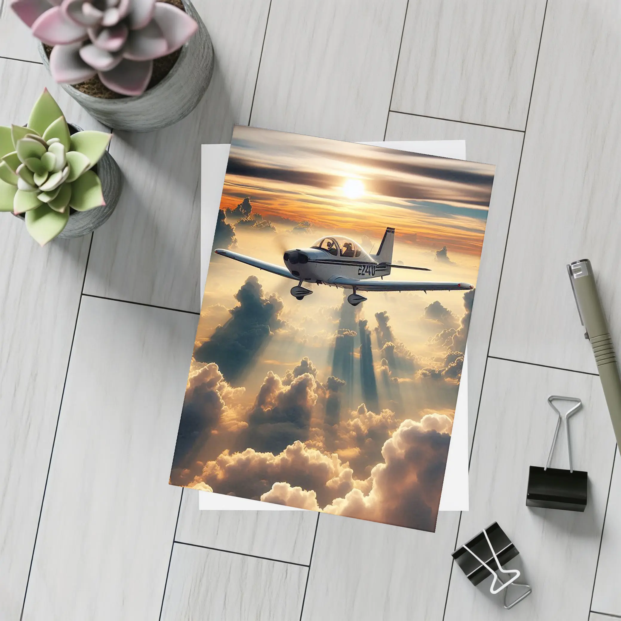 Small Airplane Flying Above Sunset Clouds – Postcards