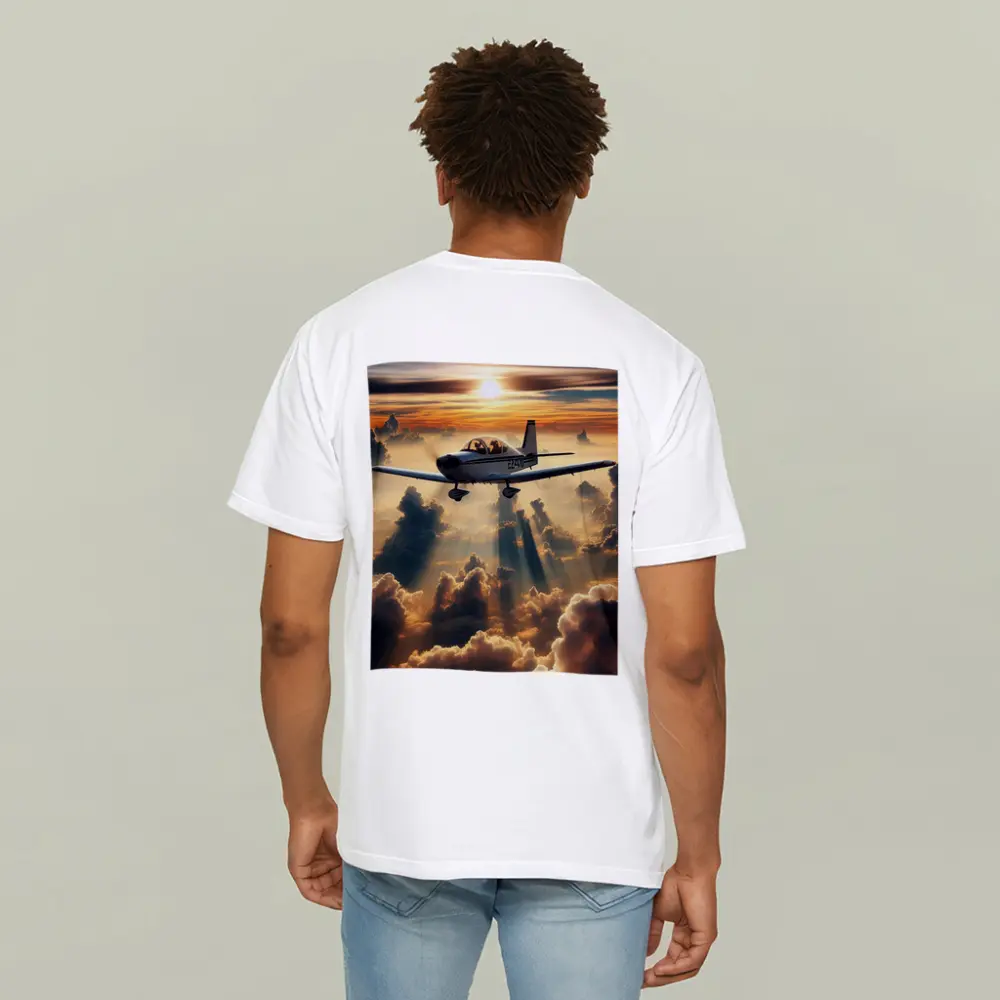 Small Airplane Flying Above Sunset Clouds – T-Shirts