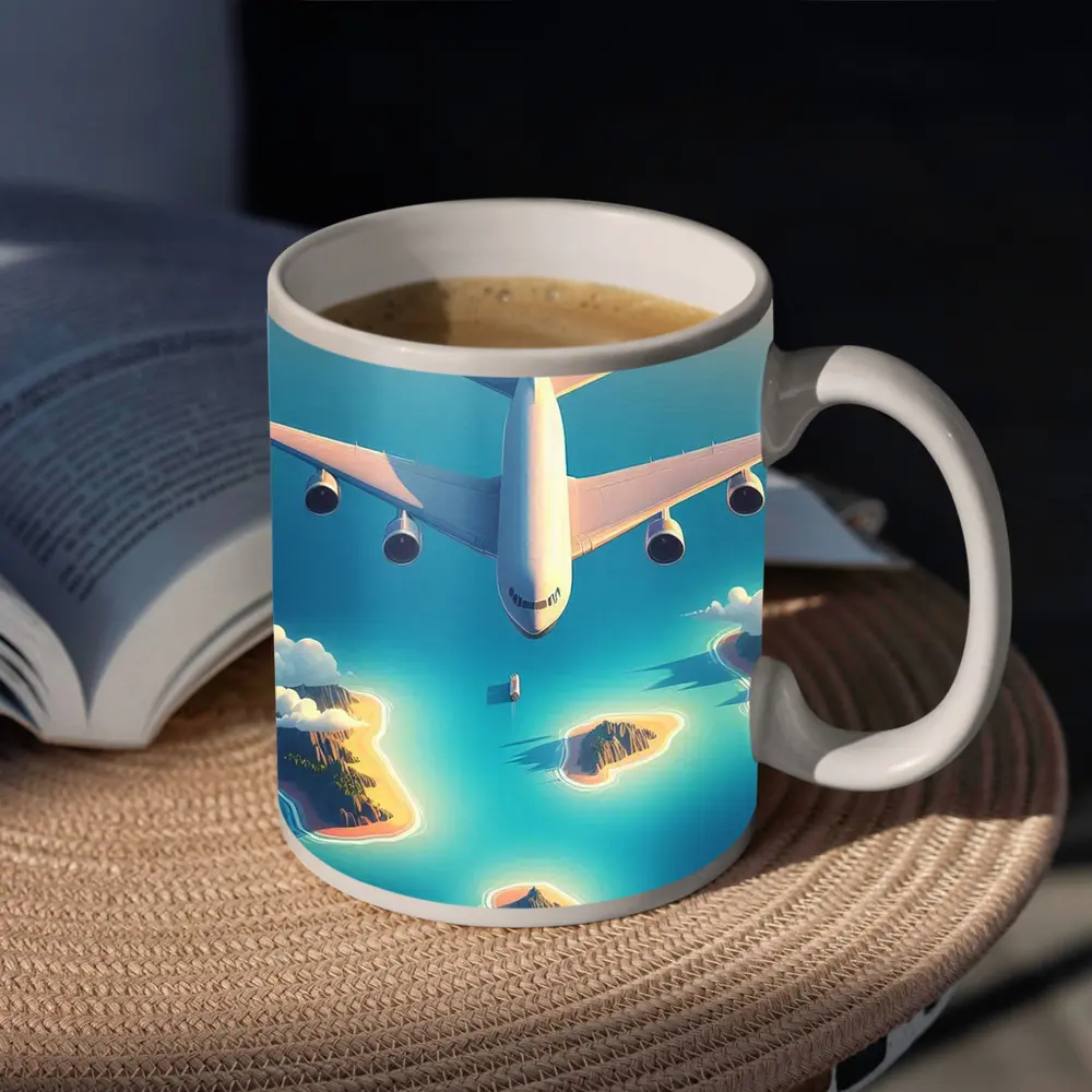 Large Airplane Flying Over Tropical Islands – Mugs