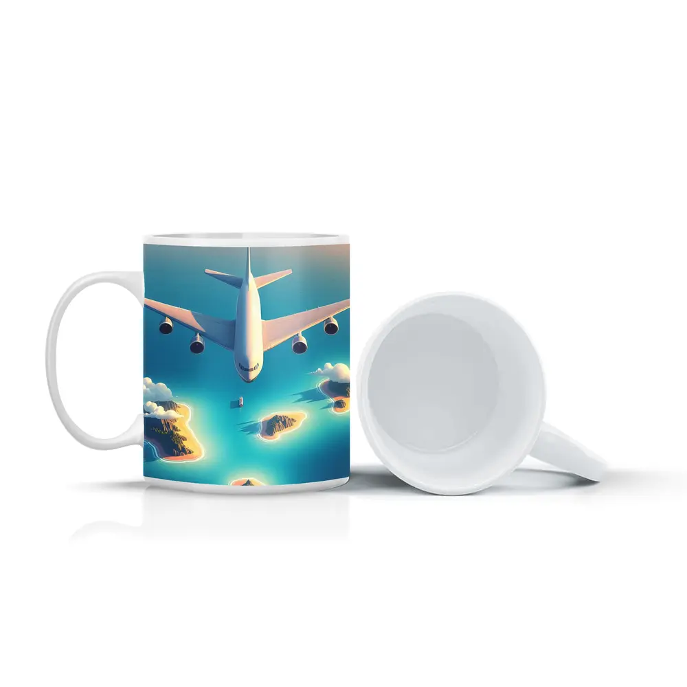 Large Airplane Flying Over Tropical Islands – Mugs