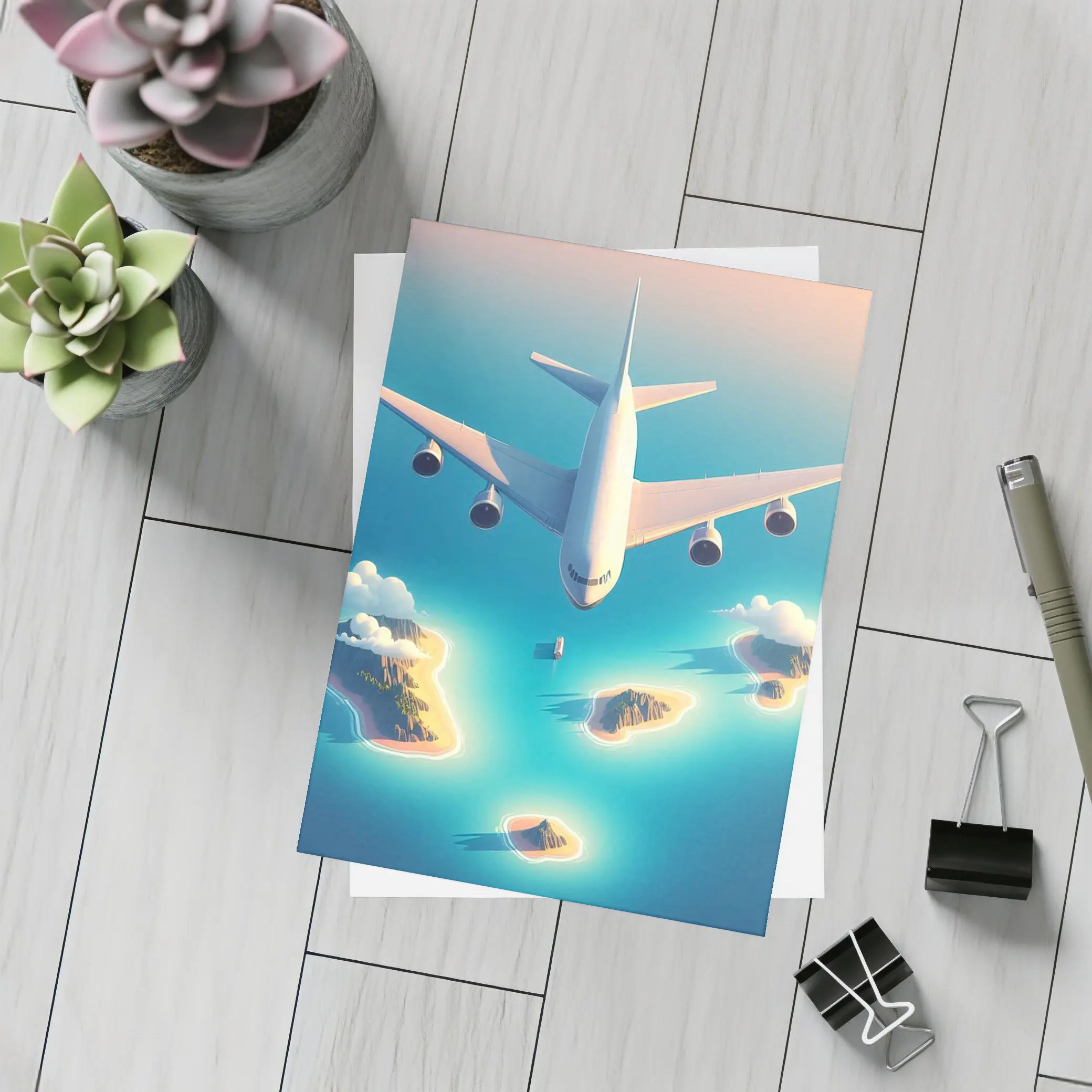 Large Airplane Flying Over Tropical Islands – Postcards