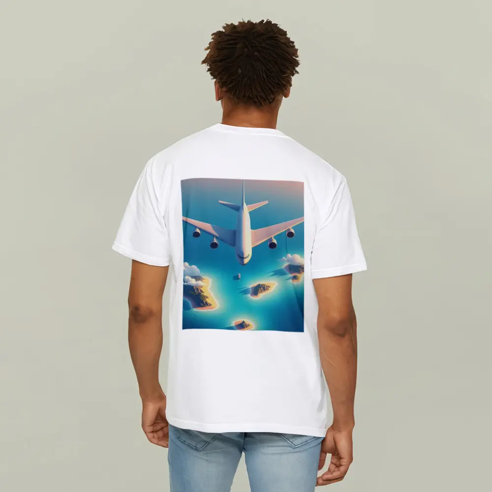 Large Airplane Flying Over Tropical Islands – T-Shirts