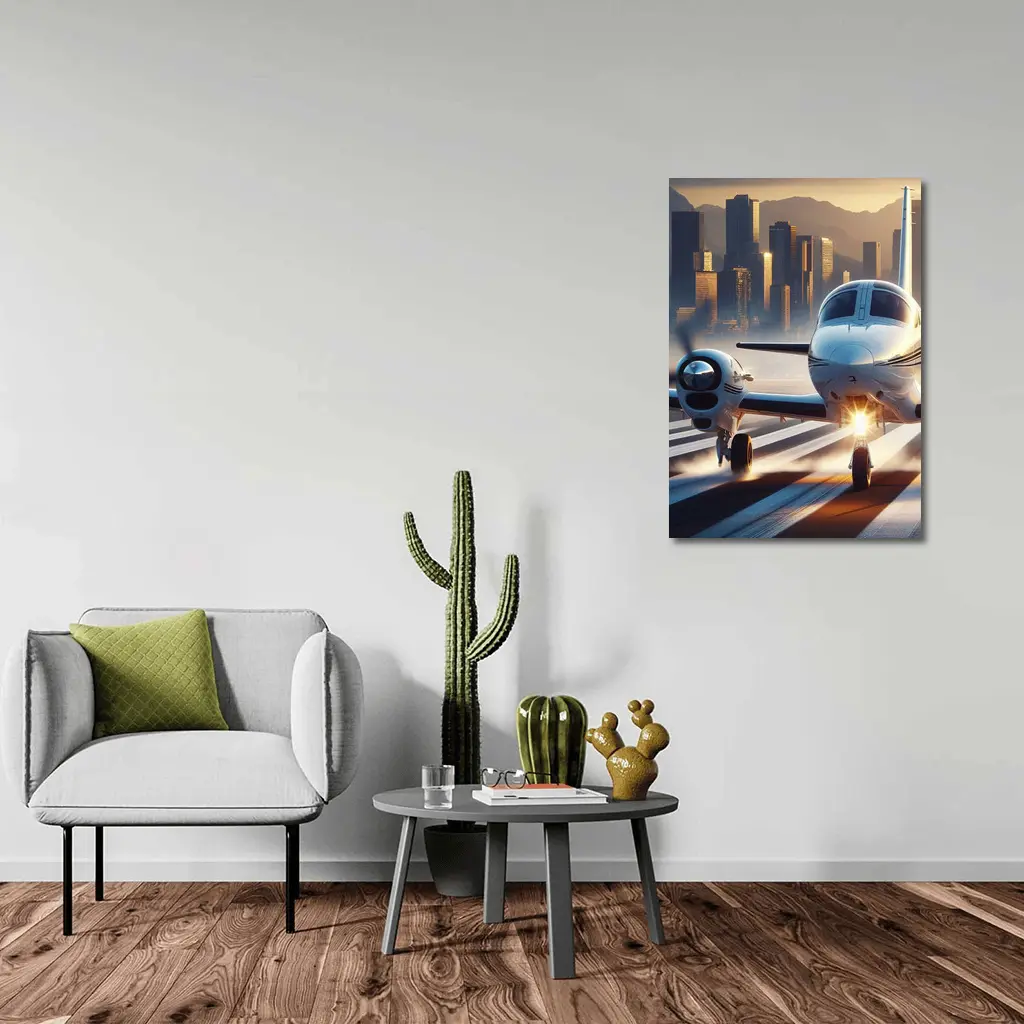 Private Jet Runway City Skyline Sunset – Wall Art