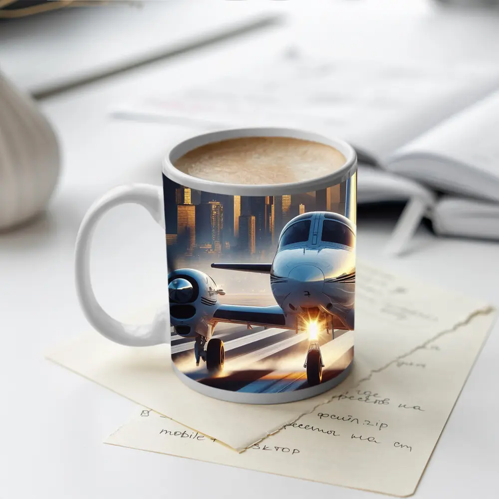 Private Jet Runway City Skyline Sunset – Mugs