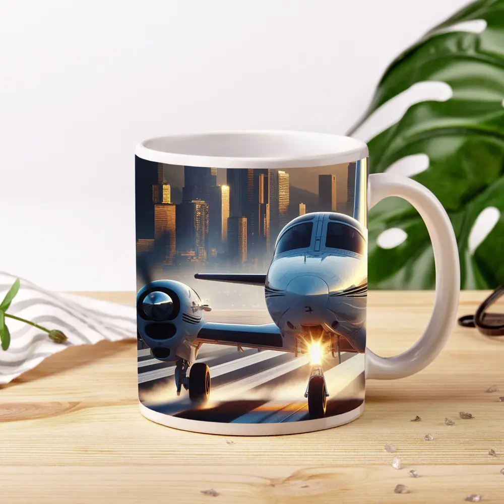 Private Jet Runway City Skyline Sunset – Mugs