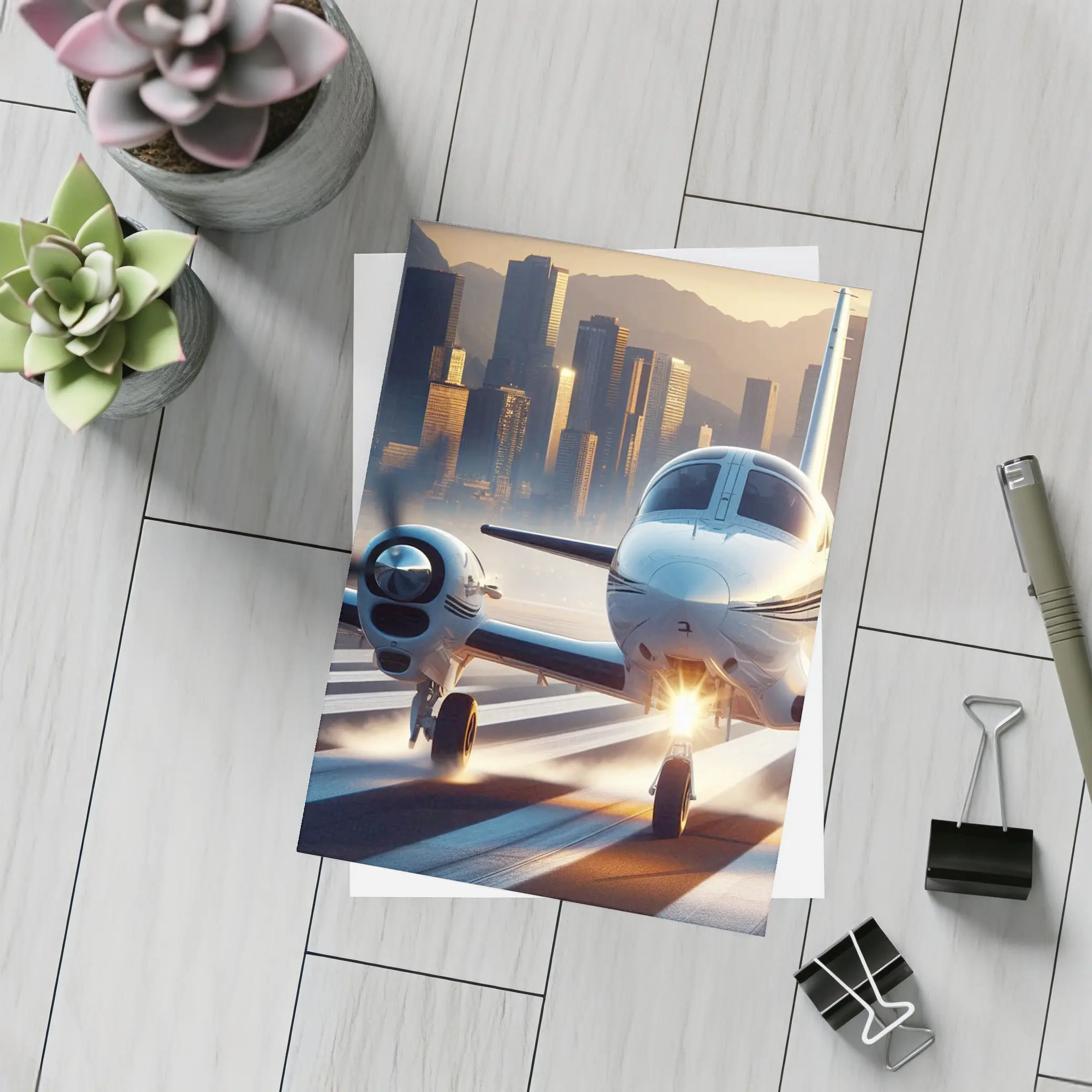 Private Jet Runway City Skyline Sunset – Postcards