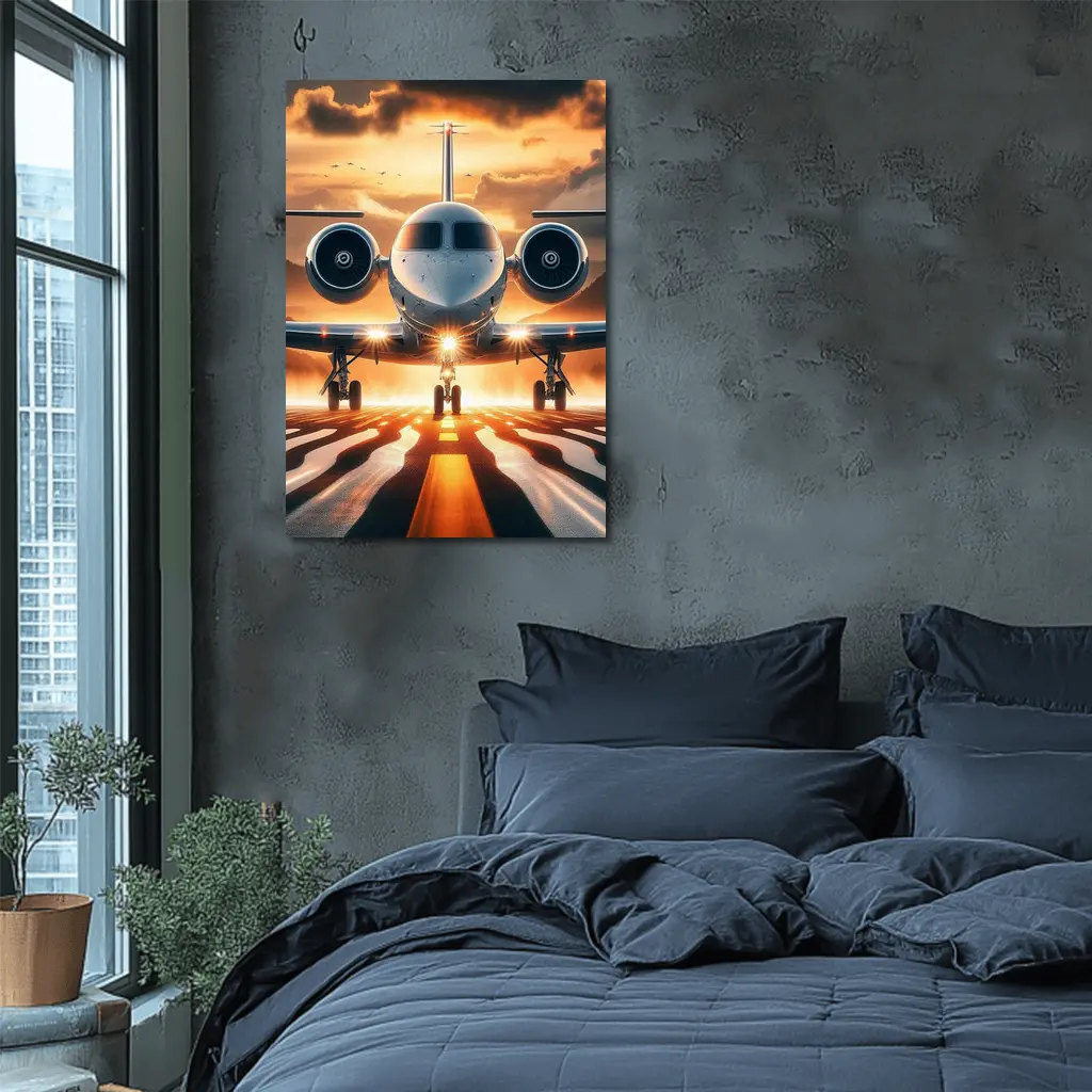 Private Jet On Runway At Sunset – Wall Art