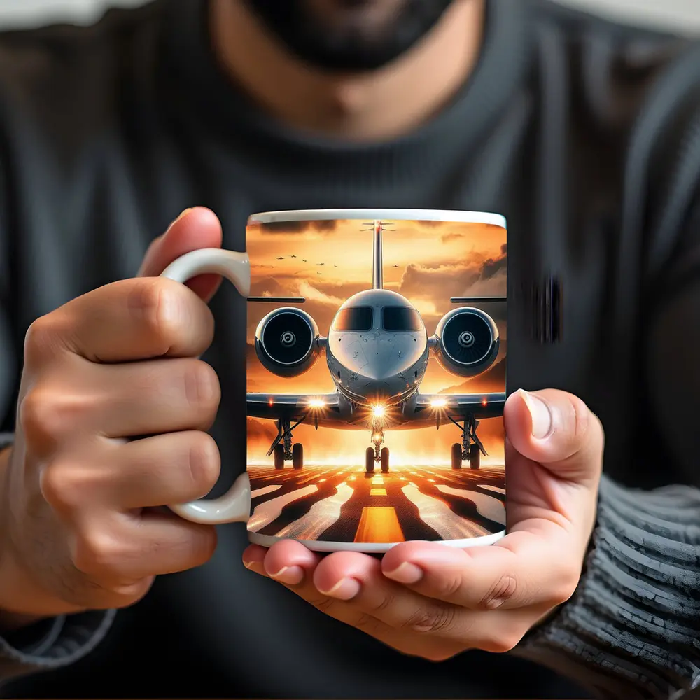 Private Jet On Runway At Sunset – Mugs