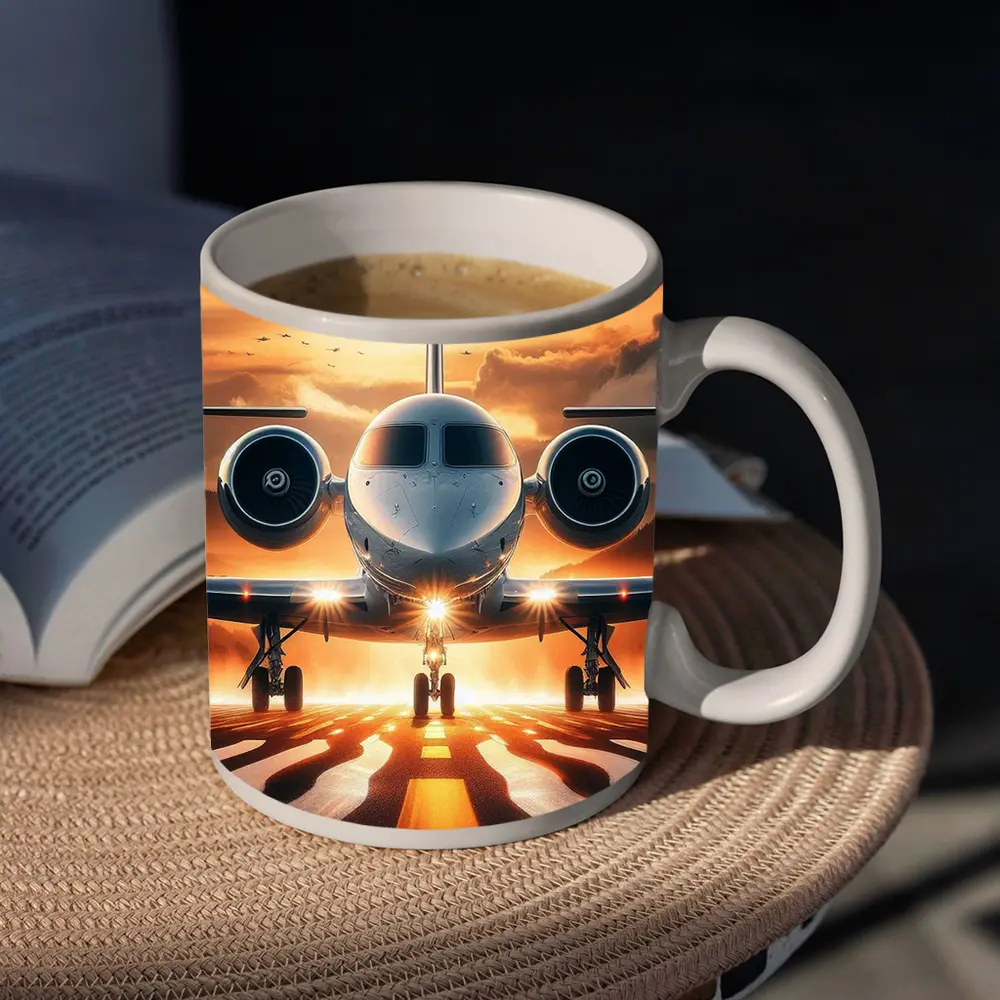 Private Jet On Runway At Sunset – Mugs