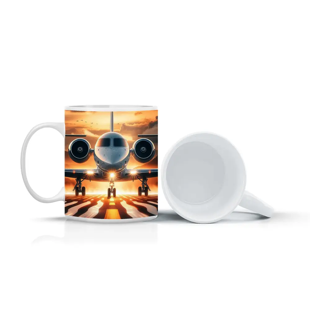 Private Jet On Runway At Sunset – Mugs