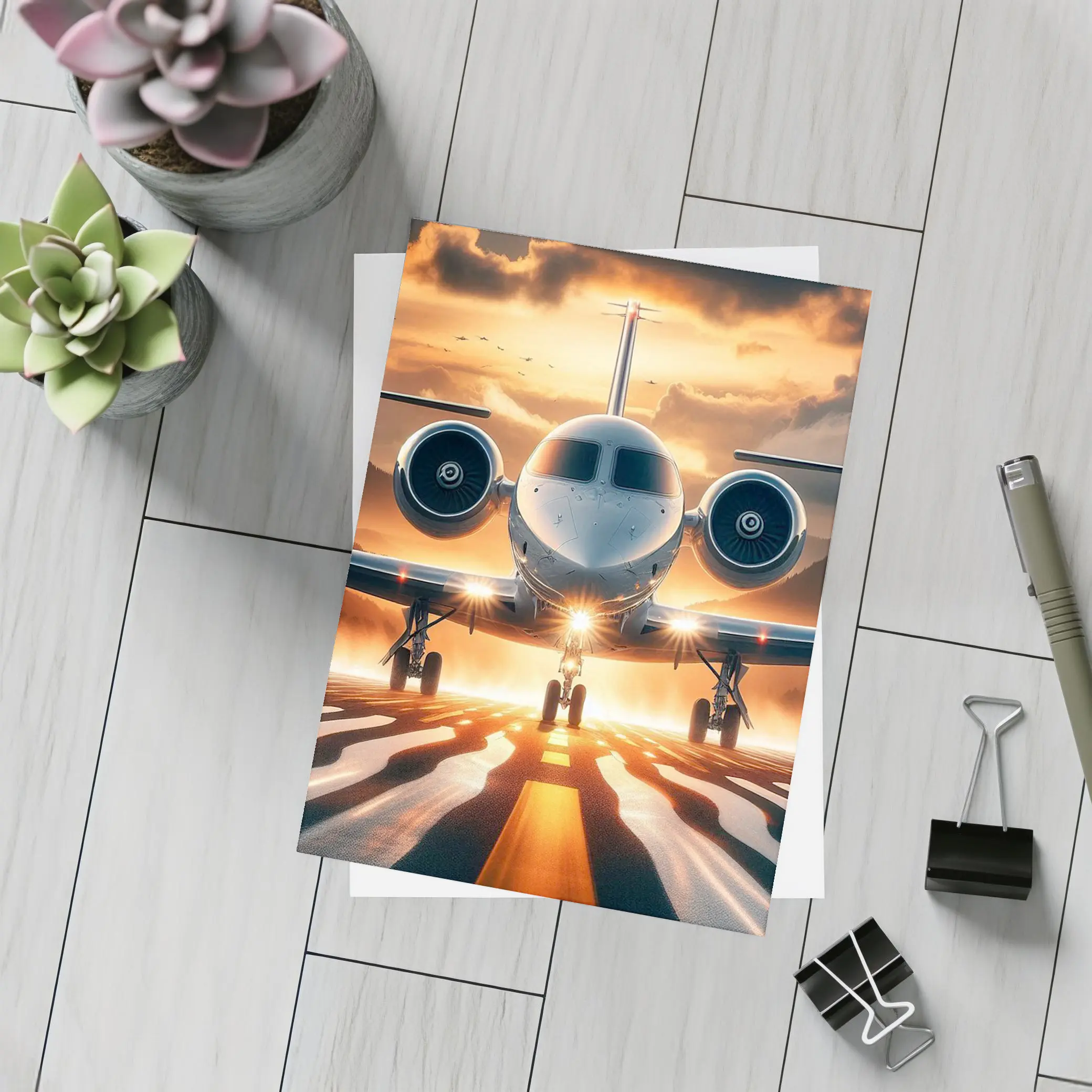 Private Jet On Runway At Sunset – Postcards