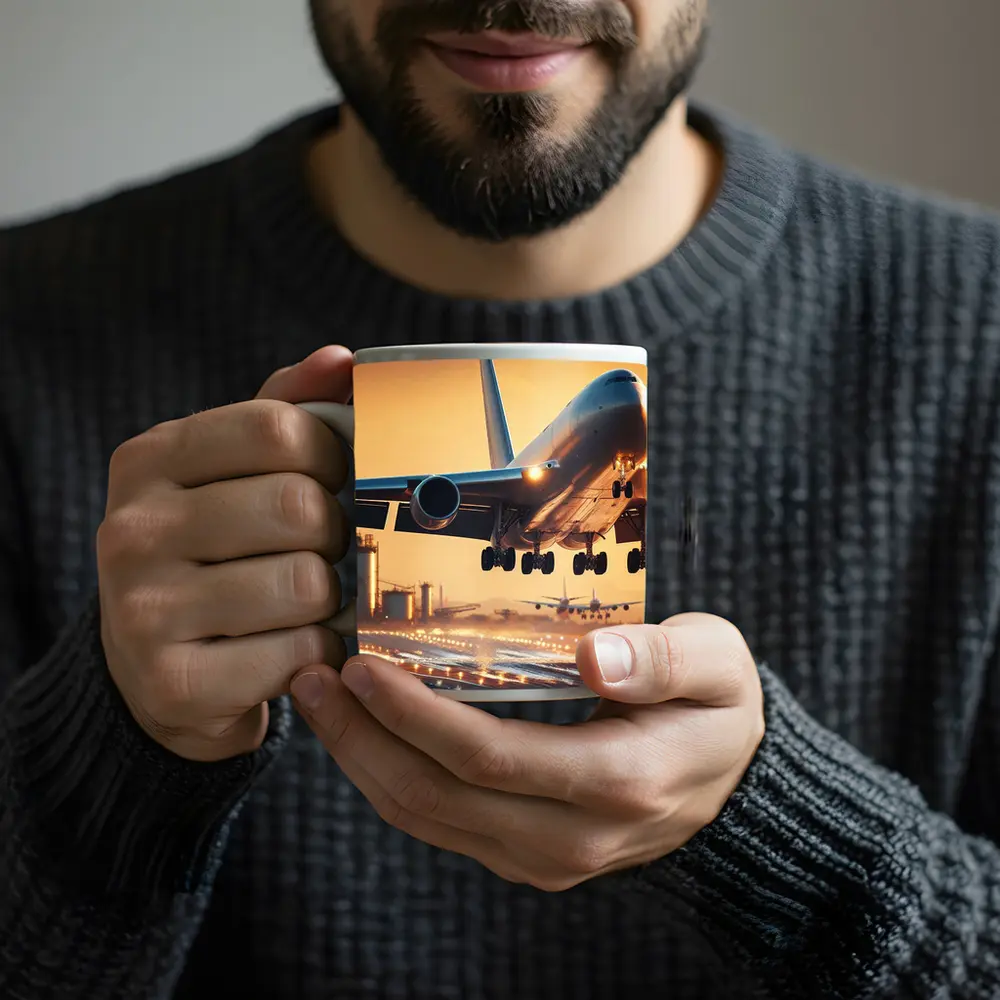 Commercial Airplane Taking Off At Sunset – Mugs