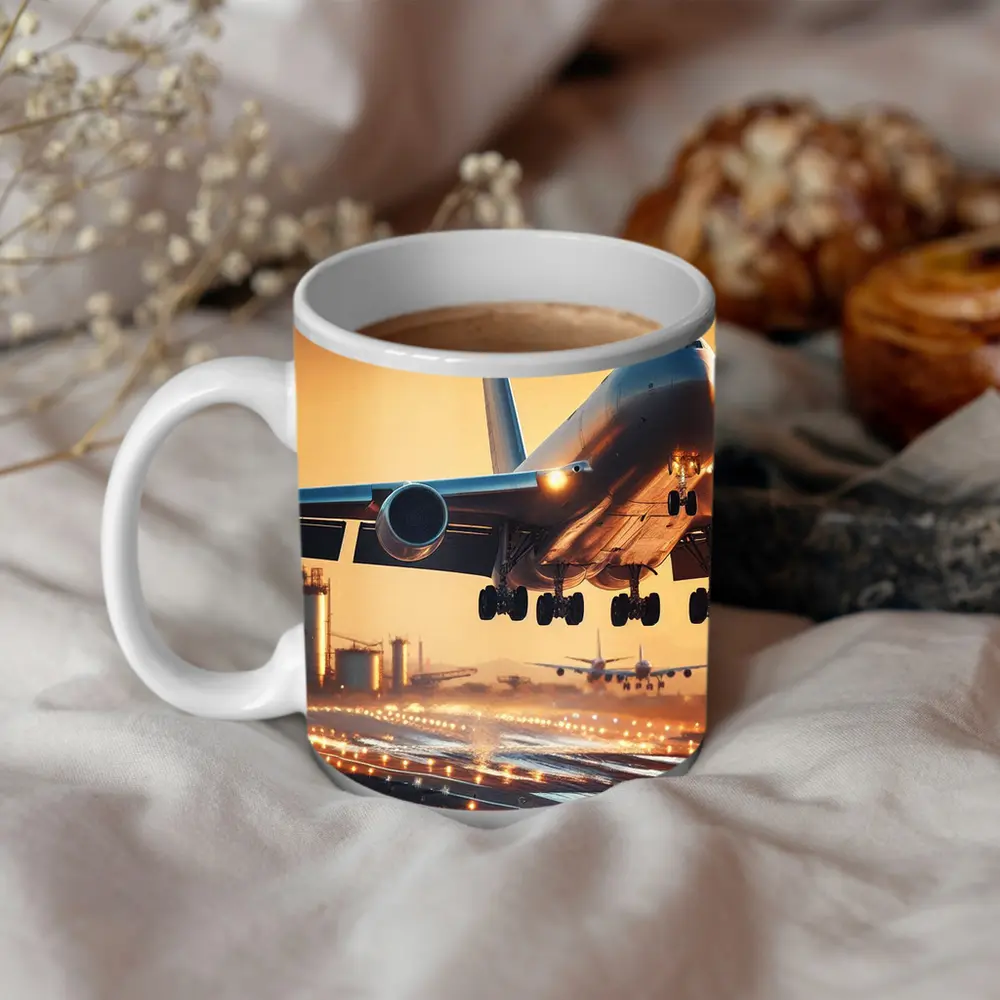 Commercial Airplane Taking Off At Sunset – Mugs