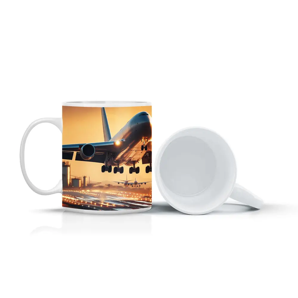 Commercial Airplane Taking Off At Sunset – Mugs