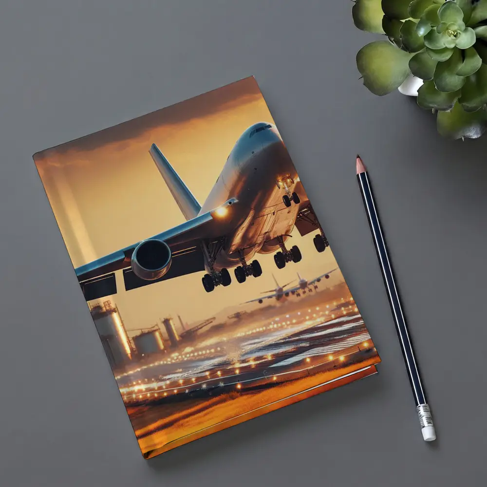 Commercial Airplane Taking Off At Sunset – Notebooks