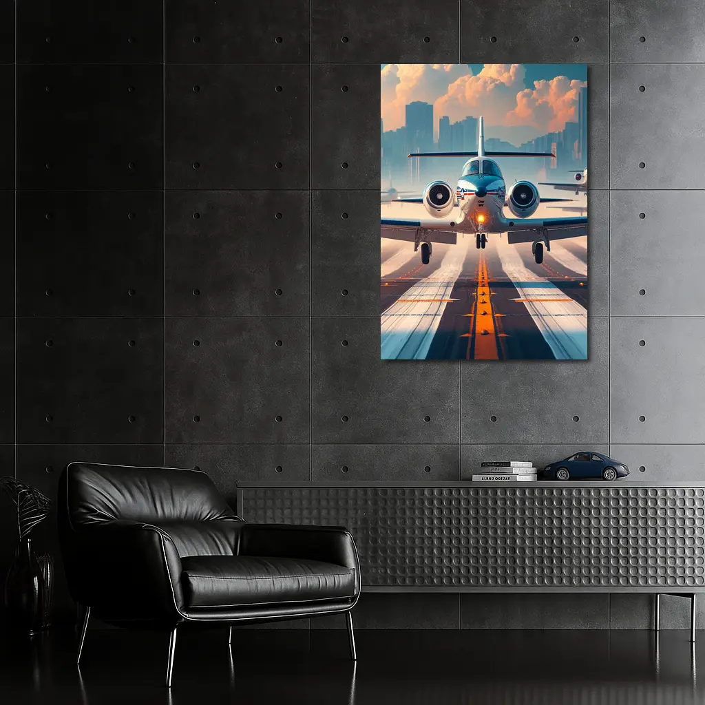 Private Jet Taking Off City Skyline – Wall Art