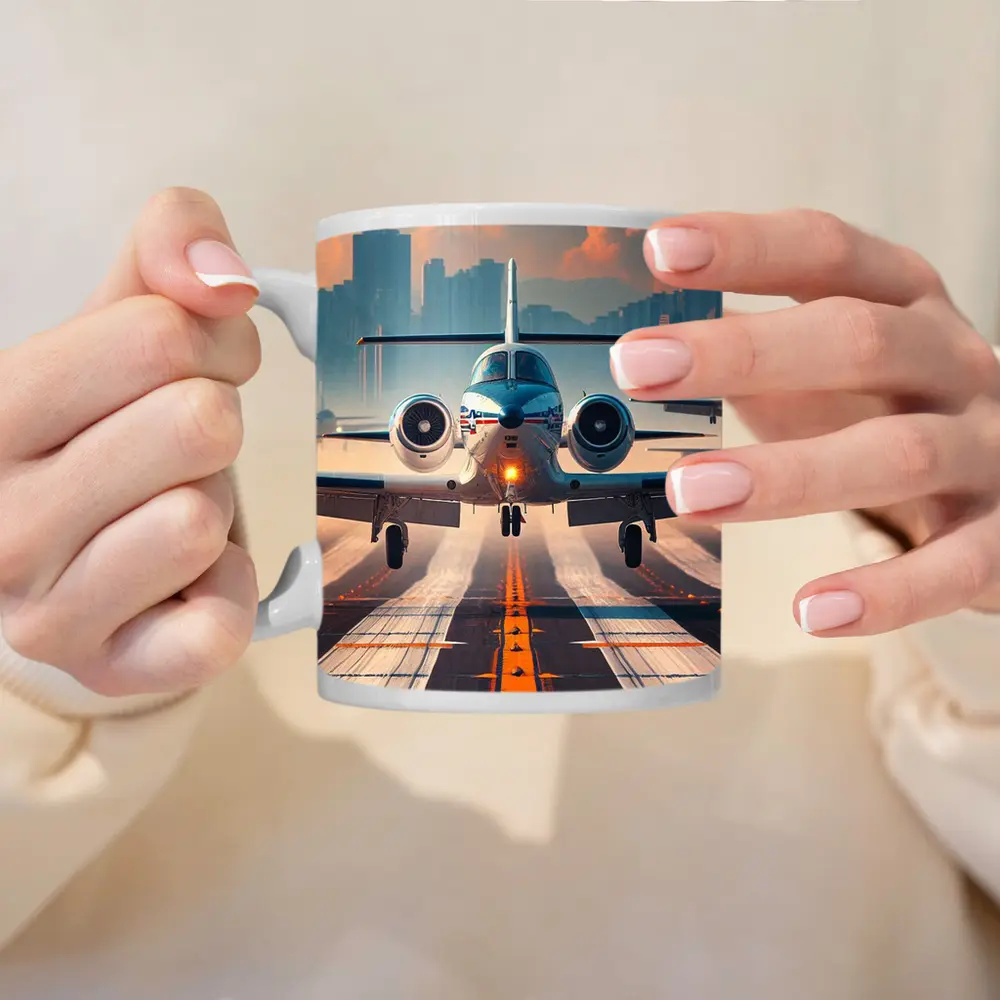 Private Jet Taking Off City Skyline – Mugs