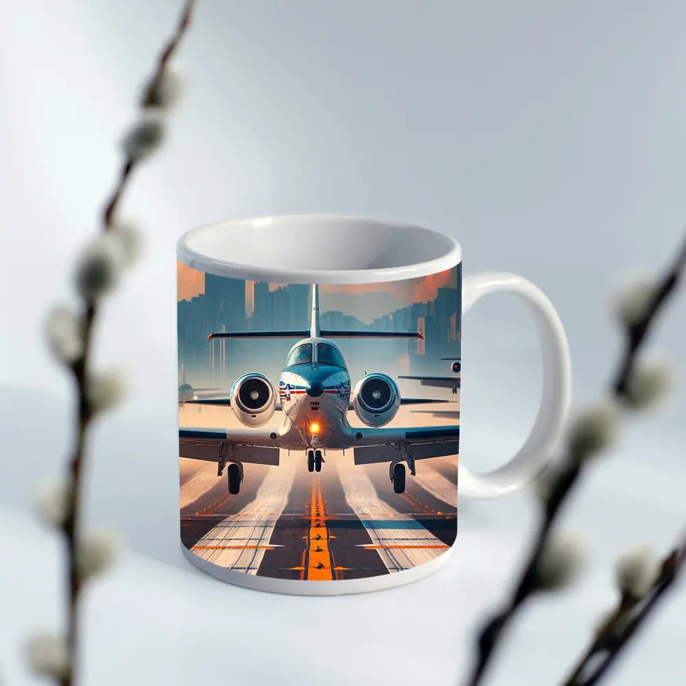 Private Jet Taking Off City Skyline – Mugs