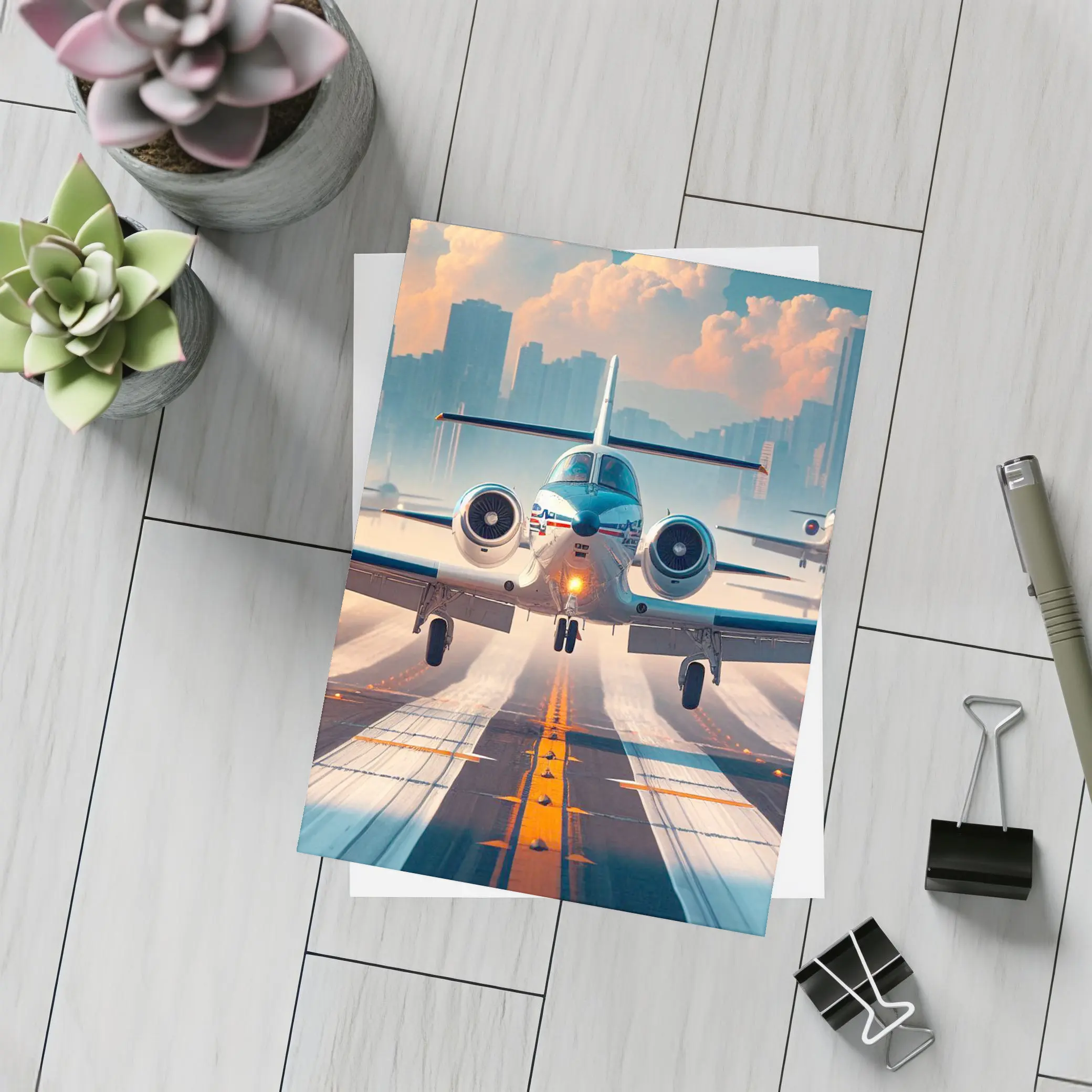 Private Jet Taking Off City Skyline – Postcards