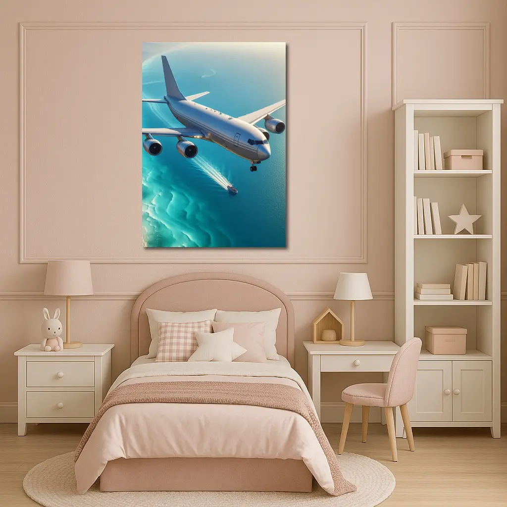 Commercial Airplane Flying Over Turquoise Ocean – Wall Art