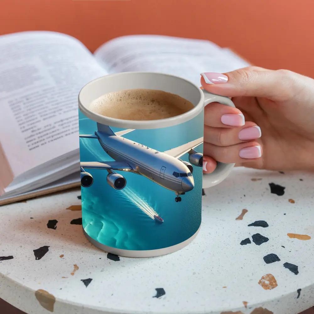 Commercial Airplane Flying Over Turquoise Ocean – Mugs