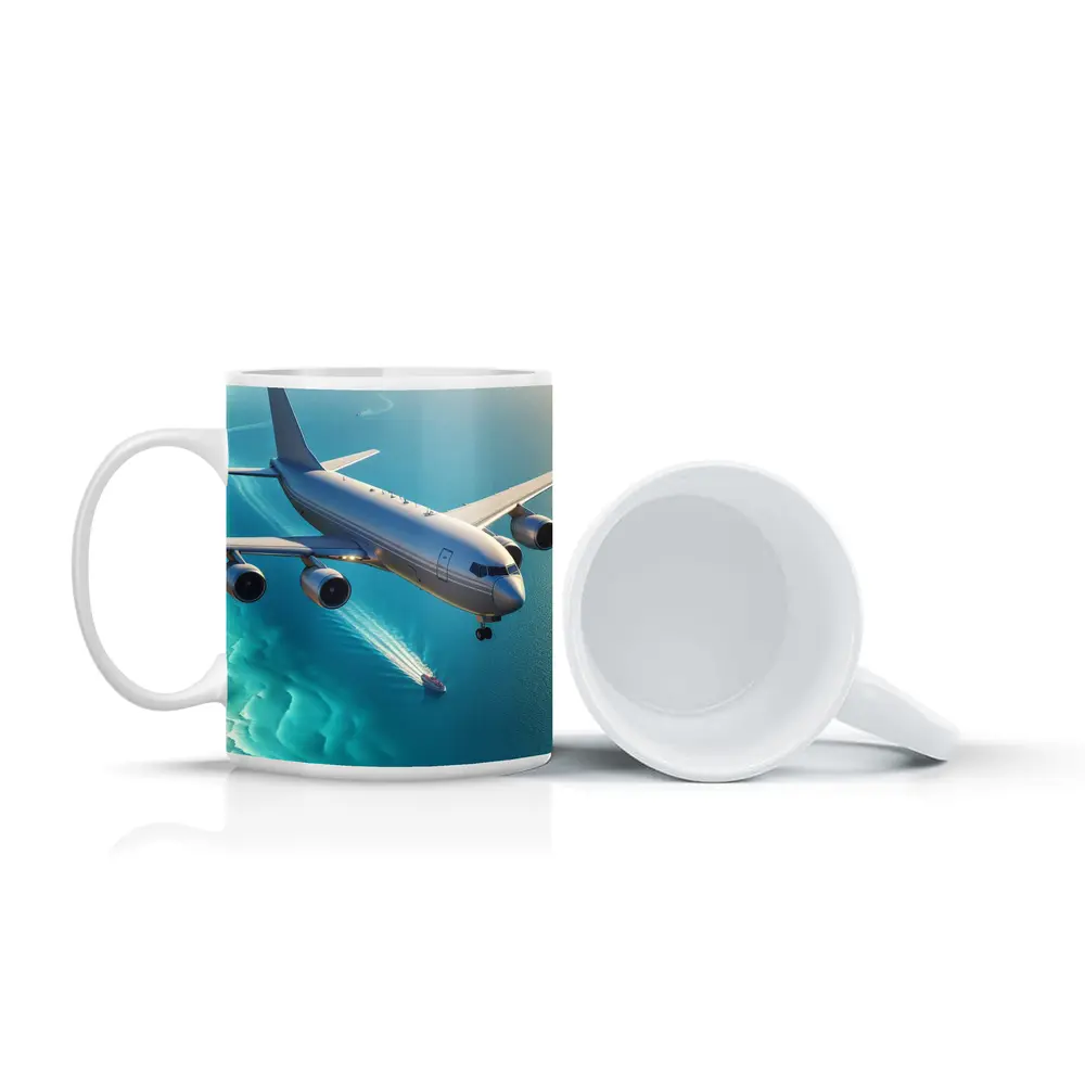 Commercial Airplane Flying Over Turquoise Ocean – Mugs