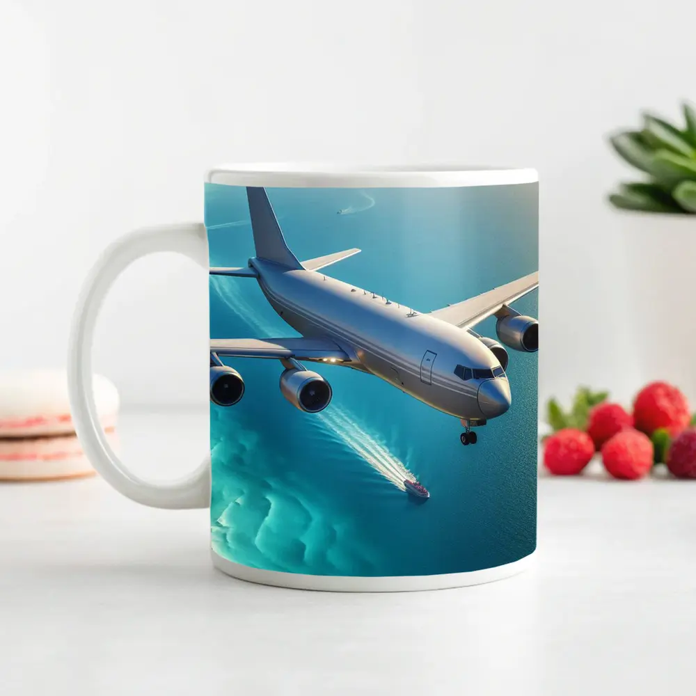 Commercial Airplane Flying Over Turquoise Ocean – Mugs