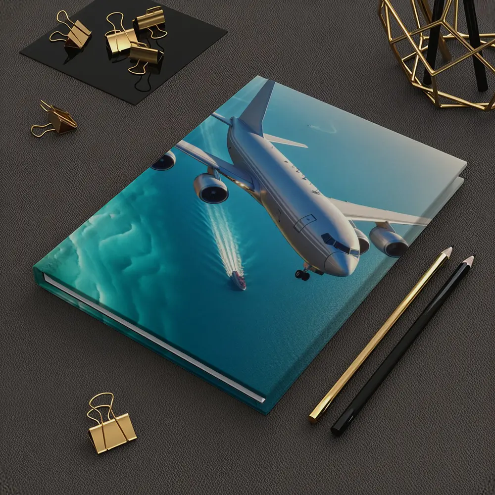 Commercial Airplane Flying Over Turquoise Ocean – Notebooks