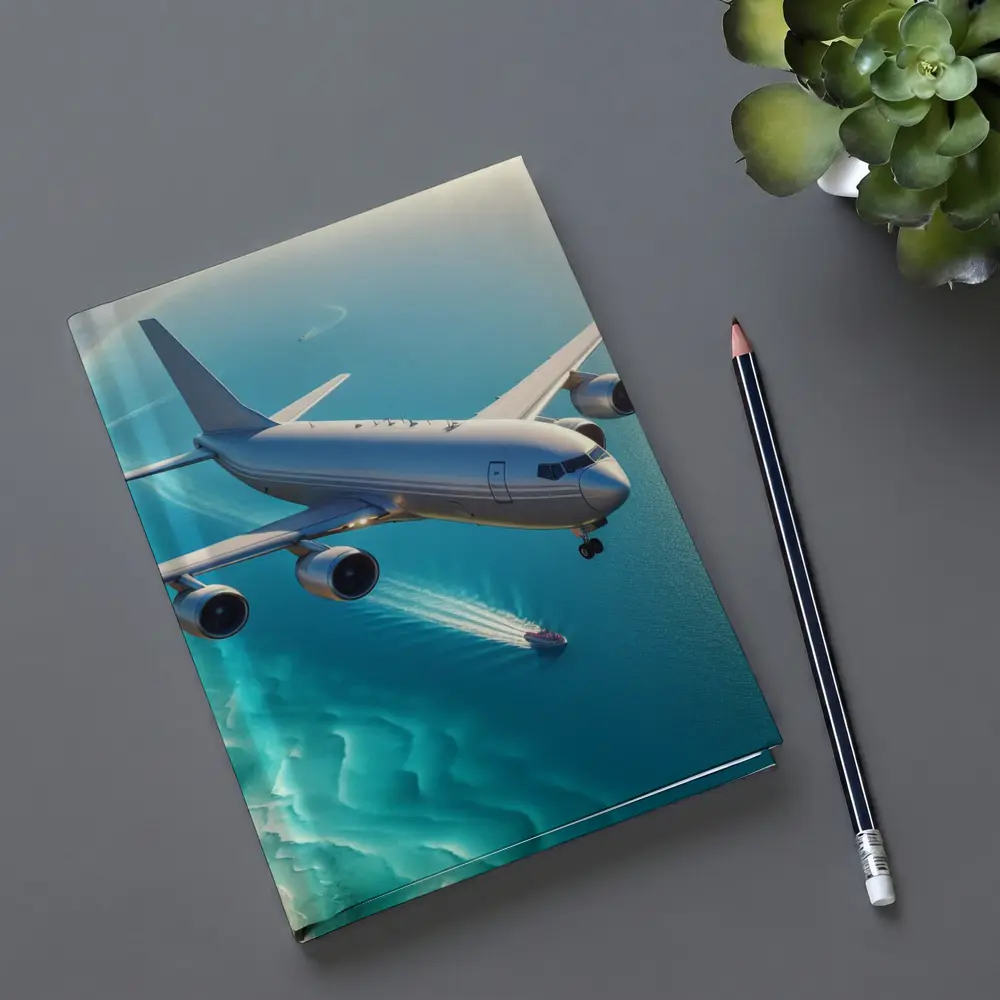 Commercial Airplane Flying Over Turquoise Ocean – Notebooks