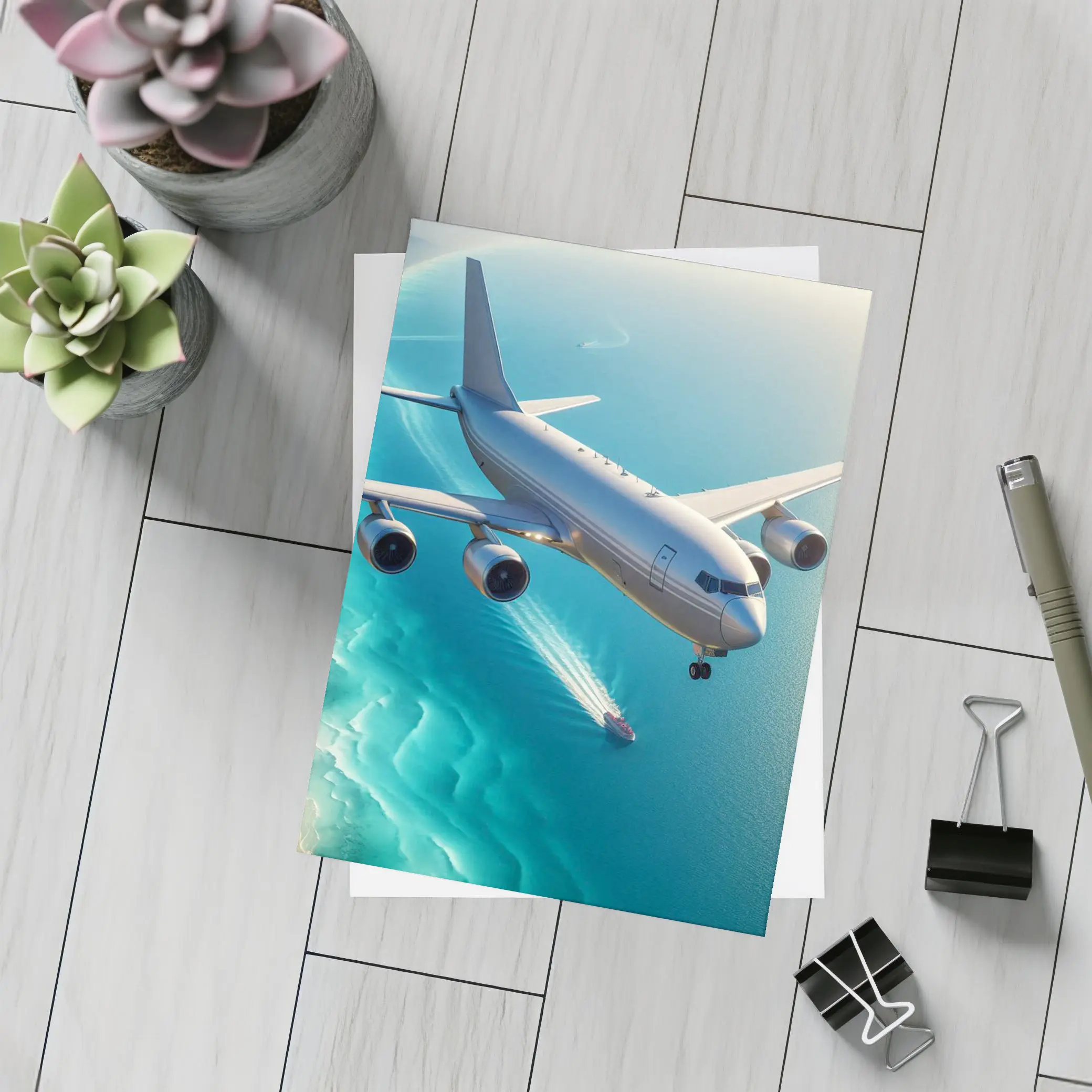 Commercial Airplane Flying Over Turquoise Ocean – Postcards