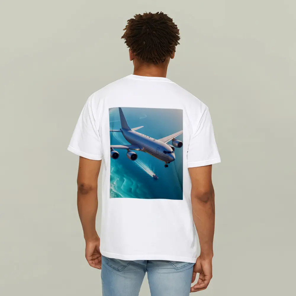 Commercial Airplane Flying Over Turquoise Ocean – T-Shirts