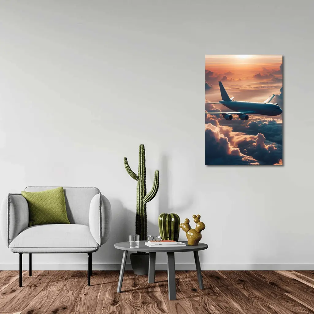 Commercial Airplane Flying Above Sunset Clouds – Wall Art
