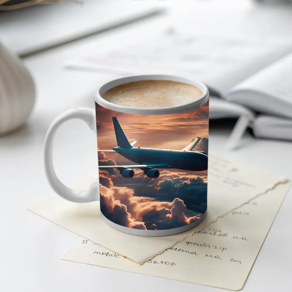 Commercial Airplane Flying Above Sunset Clouds – Mugs