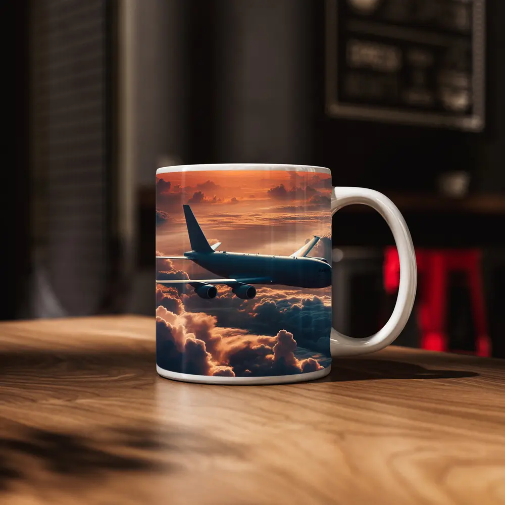 Commercial Airplane Flying Above Sunset Clouds – Mugs