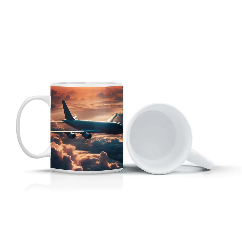 Commercial Airplane Flying Above Sunset Clouds – Mugs