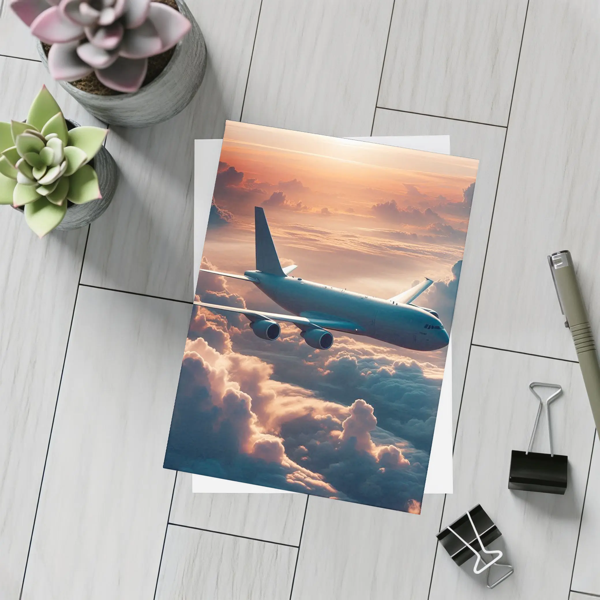 Commercial Airplane Flying Above Sunset Clouds – Postcards