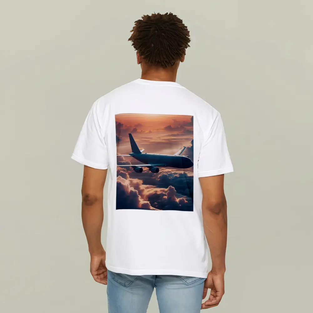 Commercial Airplane Flying Above Sunset Clouds – T-Shirts