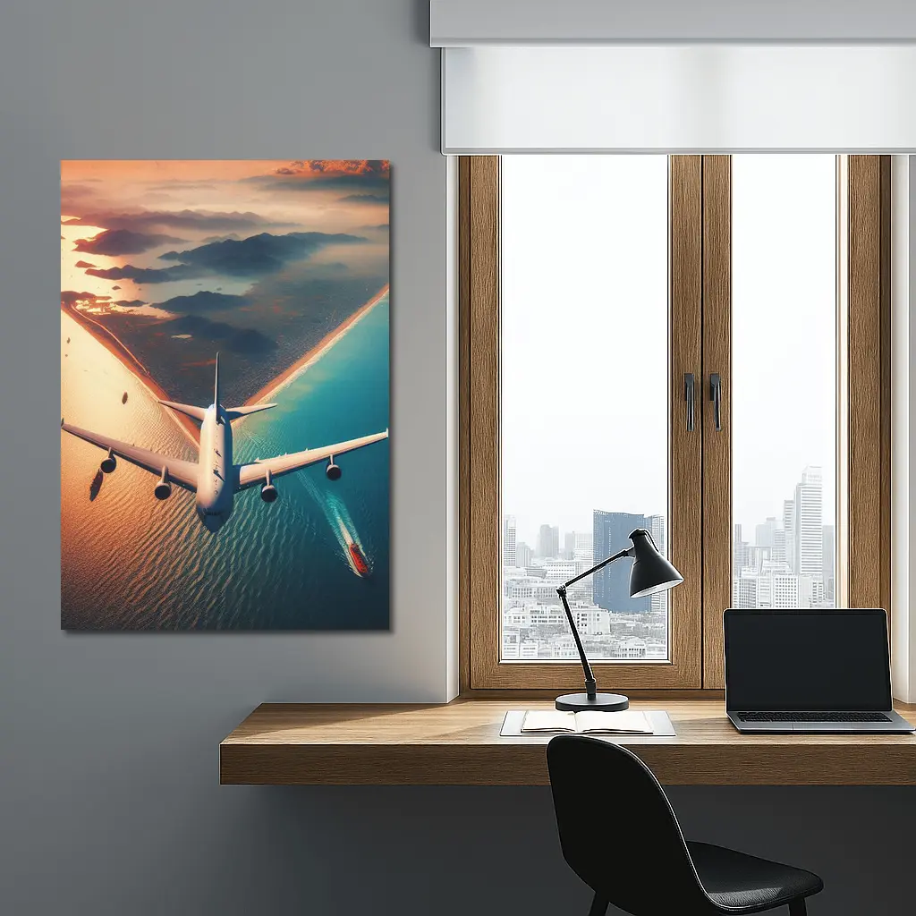 Commercial Airplane Flying Over Coastal Sunset – Wall Art