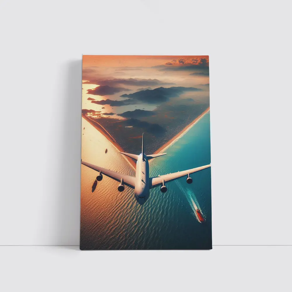 Commercial Airplane Flying Over Coastal Sunset – Wall Art