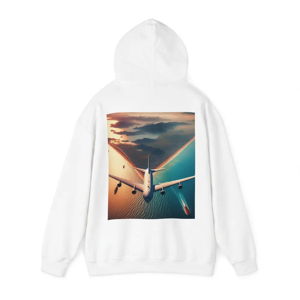 Commercial Airplane Flying Over Coastal Sunset – Hoodies