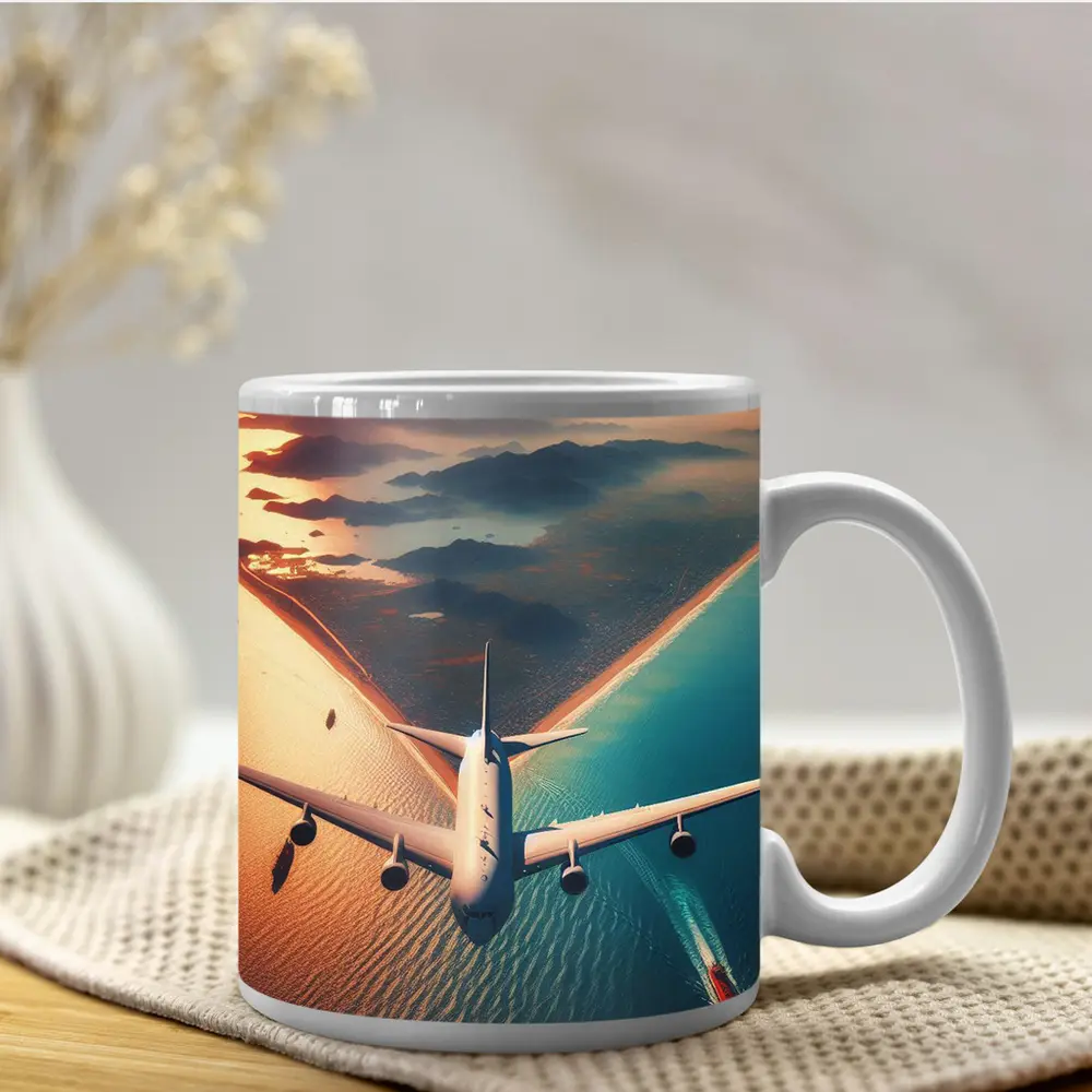 Commercial Airplane Flying Over Coastal Sunset – Mugs
