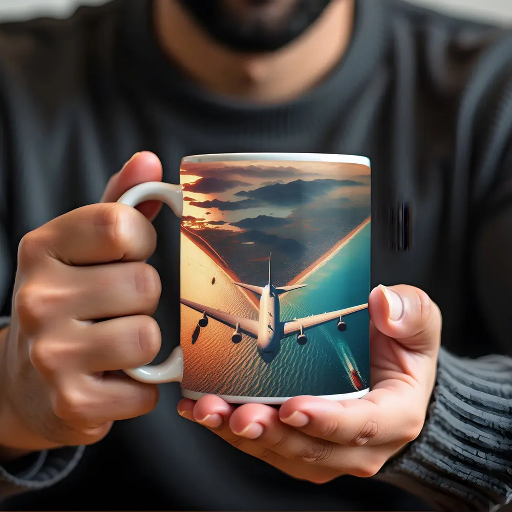 Commercial Airplane Flying Over Coastal Sunset – Mugs