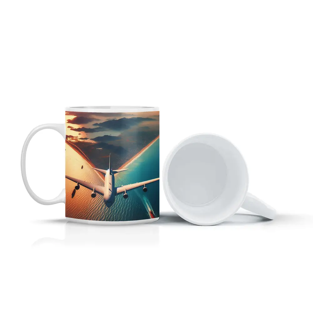 Commercial Airplane Flying Over Coastal Sunset – Mugs