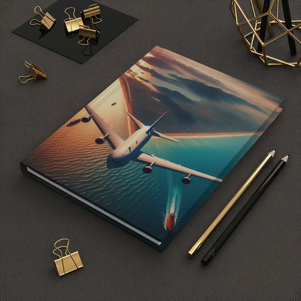 Commercial Airplane Flying Over Coastal Sunset – Notebooks