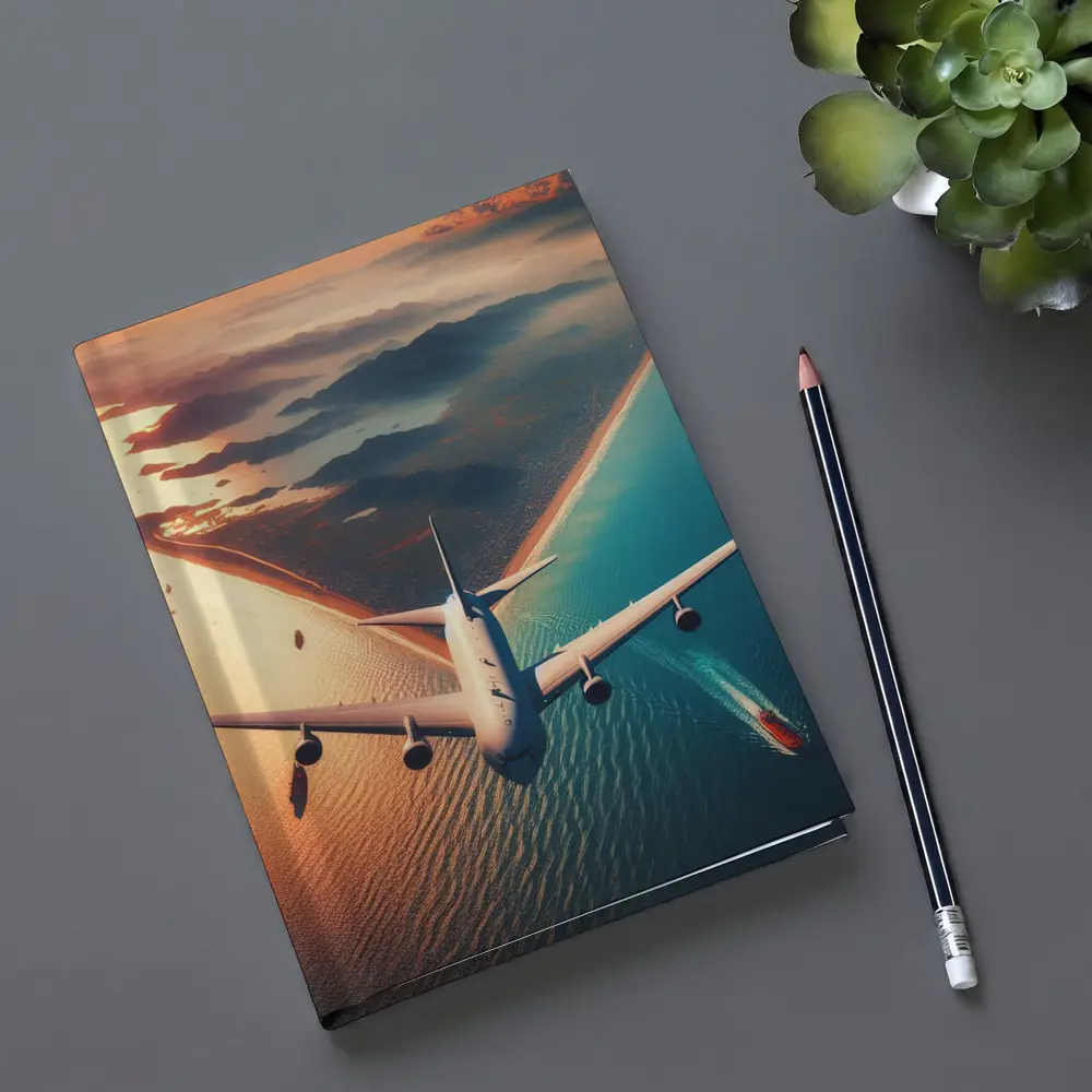 Commercial Airplane Flying Over Coastal Sunset – Notebooks