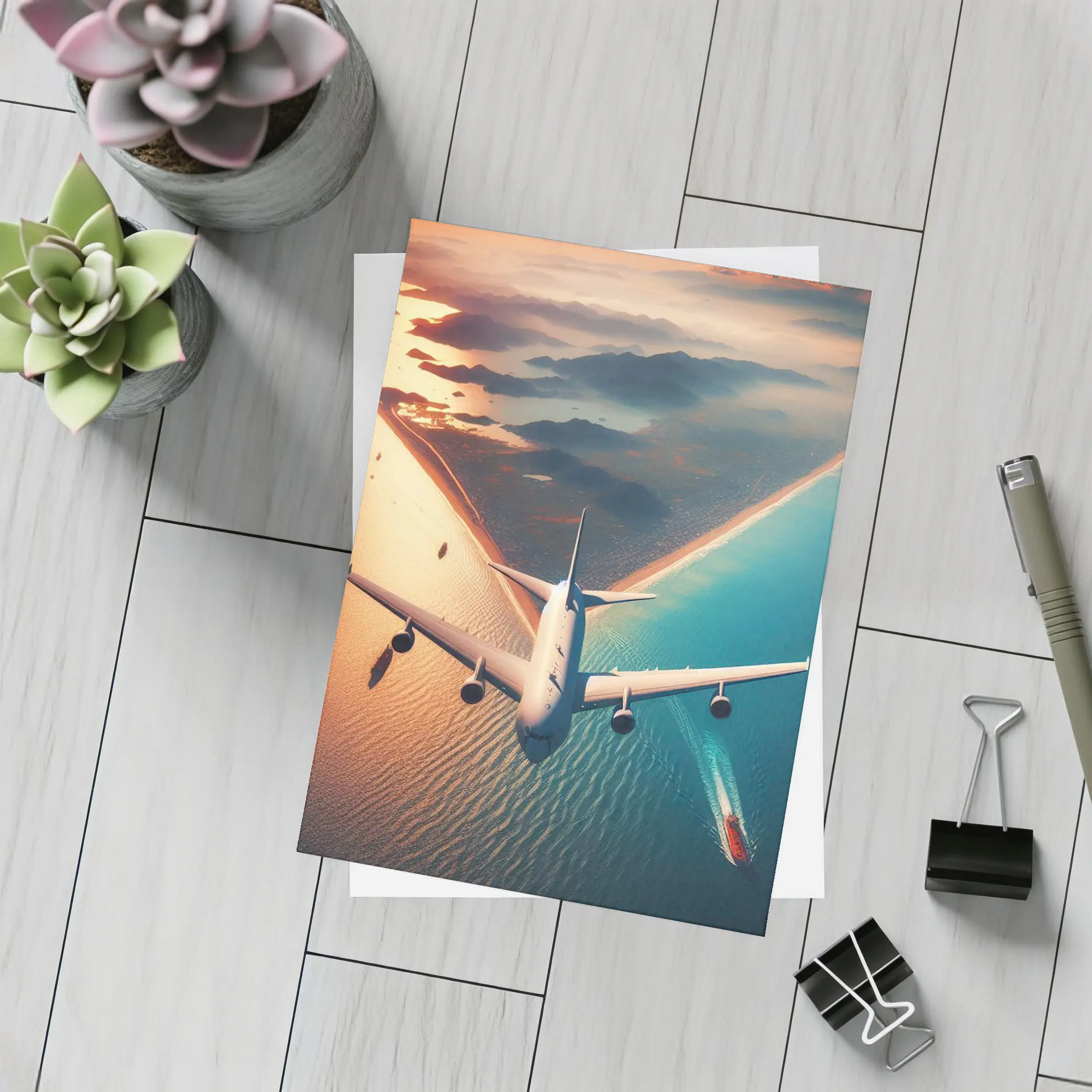 Commercial Airplane Flying Over Coastal Sunset – Postcards