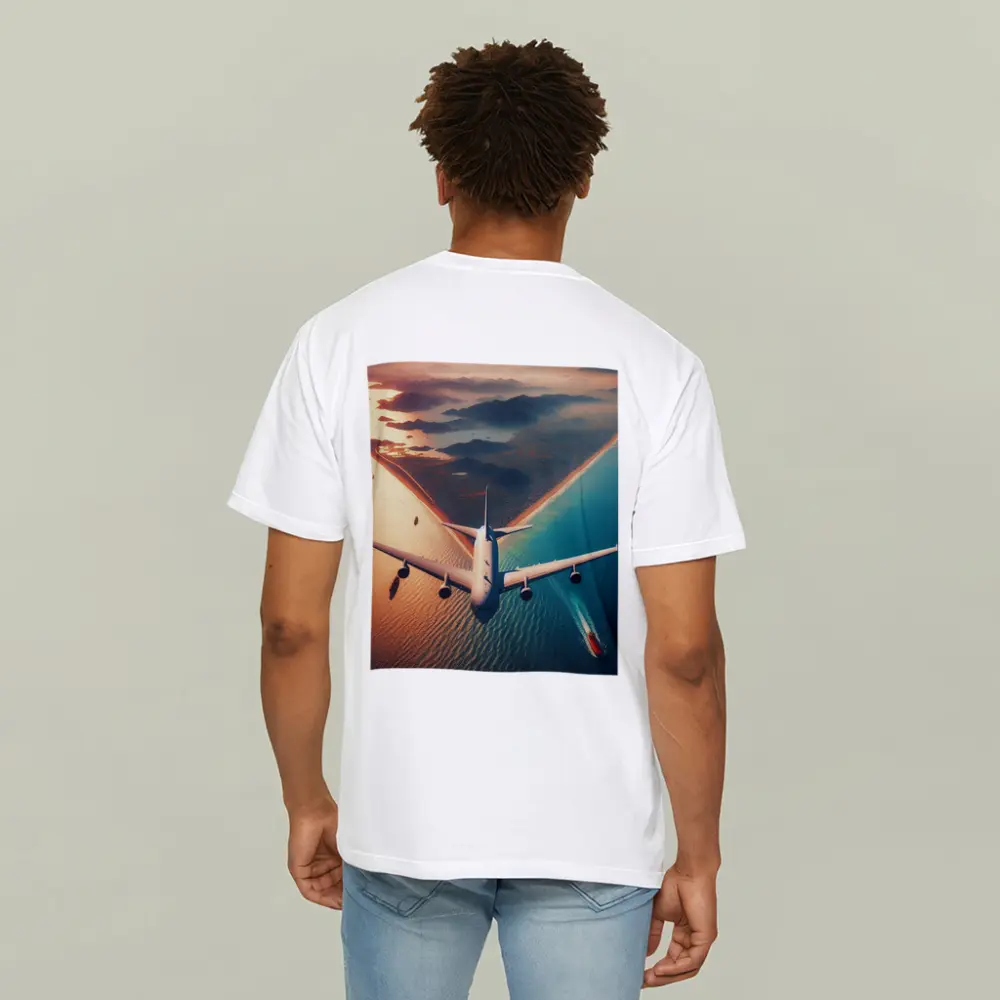 Commercial Airplane Flying Over Coastal Sunset – T-Shirts