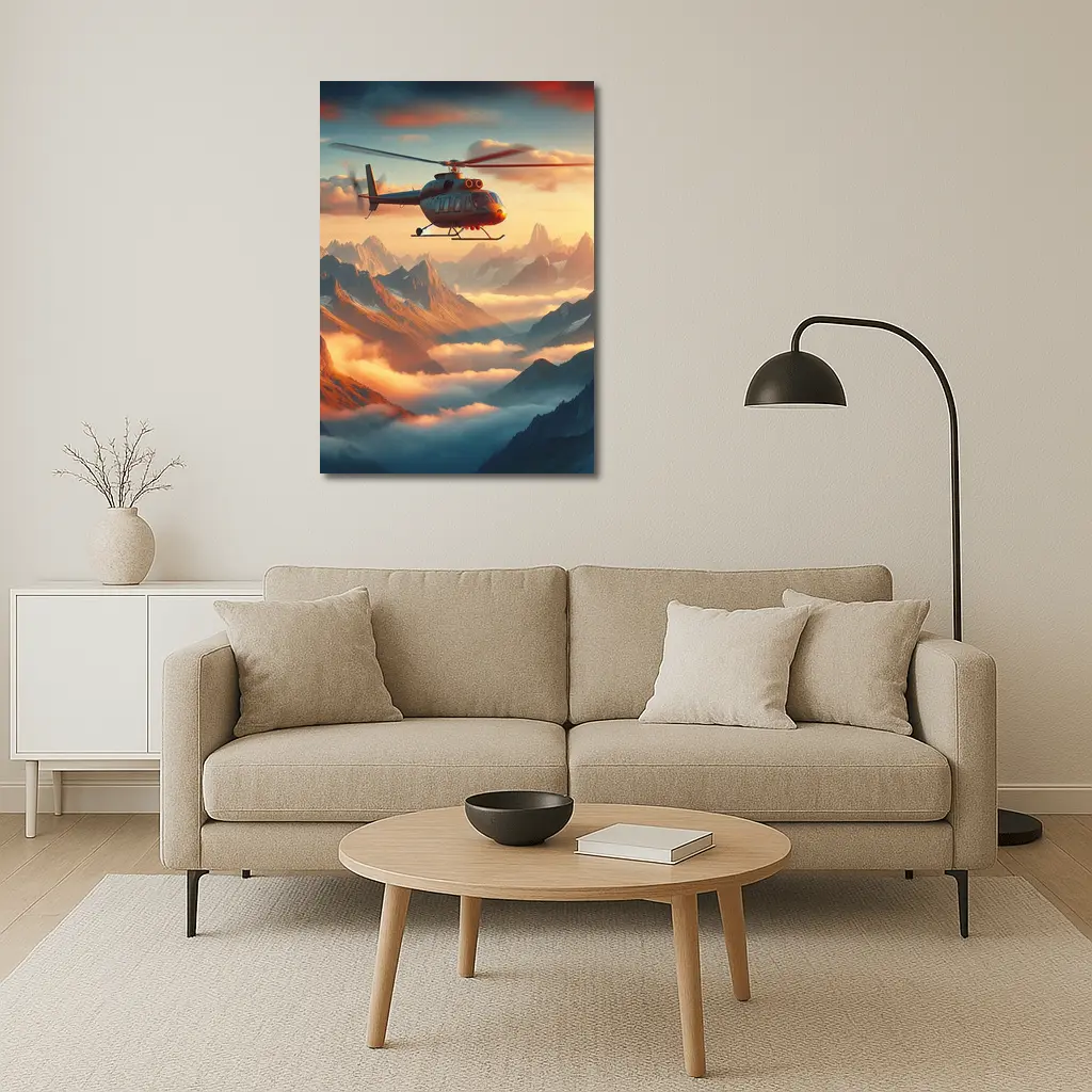 Helicopter Flying Over Misty Mountain Sunset – Wall Art