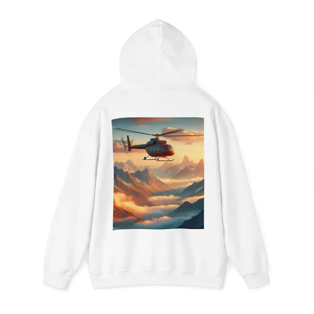 Helicopter Flying Over Misty Mountain Sunset – Hoodies